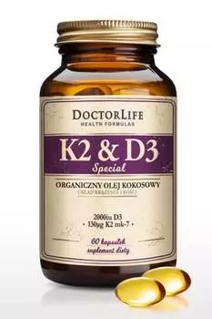 Doctor Life, Органическое кокосовое масло K2 и D3, 130 мкг, K2 mk-7 и 2000 МЕ D3, 60 капсул