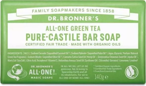Доктор Bronner's, Кусковое мыло, зеленый чай, 140г, Dr. Bronner's