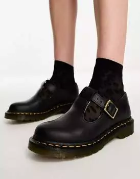 Доктор Туфли Martens Polley из черной гладкой кожи с Т-образной планкой Dr Martens