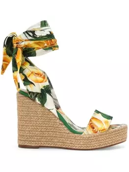 Dolce & Gabbana босоножки на танкетке с цветочным принтом, зеленый