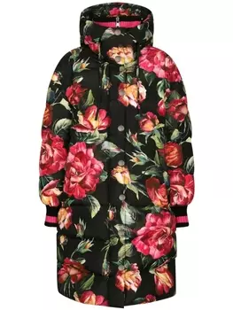 Dolce & Gabbana длинный пуховик с цветочным принтом, черный