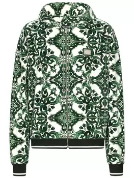 Dolce & Gabbana худи на молнии с принтом Majolica, зеленый