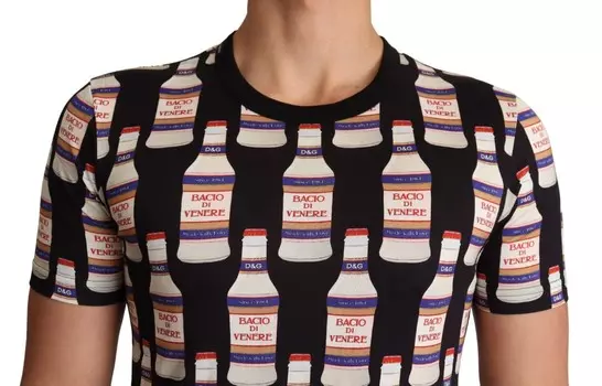 Dolce & Gabbana Элегантная мужская футболка с круглым вырезом с несколькими мотивами, синий