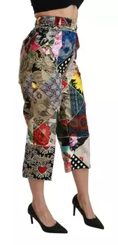 Dolce & Gabbana Элегантные укороченные женские брюки из смесового шелка с высокой талией, мультиколор