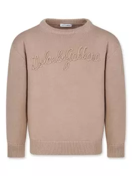 Dolce & Gabbana Kids джемпер с круглым вырезом и вышитым логотипом, нейтральный цвет