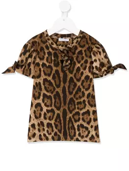 Dolce & Gabbana Kids футболка с завязками на рукавах и леопардовым принтом, коричневый