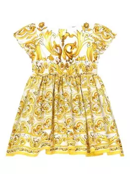 Dolce & Gabbana Kids поплиновое платье с принтом Majolica, желтый