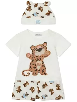 Dolce & Gabbana комплект из комбинезона и шапки с леопардовым принтом, нейтральный цвет