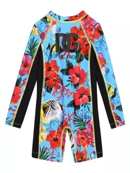 Dolce & Gabbana купальник с длинными рукавами и цветочным принтом, синий