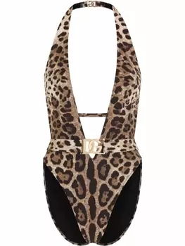 Dolce & Gabbana купальник с поясом и леопардовым принтом, коричневый