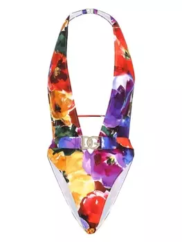 Dolce & Gabbana купальник с поясом и цветочным принтом, красный
