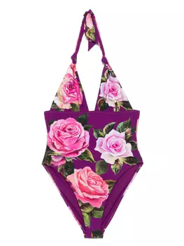 Dolce & Gabbana купальник с V-образным вырезом и цветочным принтом, фиолетовый