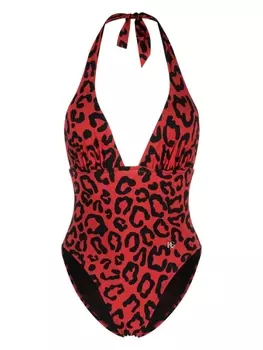 Dolce & Gabbana купальник с вырезом халтер и леопардовым принтом, красный