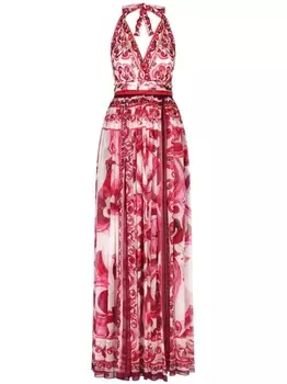 Dolce & Gabbana платье макси с вырезом халтер и принтом Majolica, красный