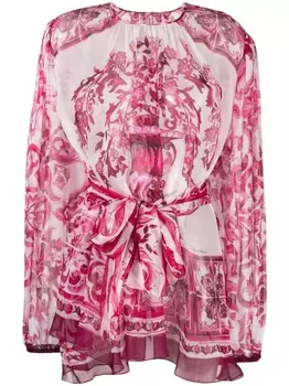 Dolce & Gabbana шелковая блузка с принтом Majolica, розовый