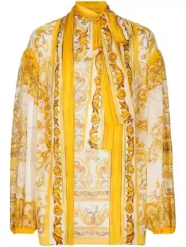 Dolce & Gabbana шелковая блузка с принтом Majolica, желтый