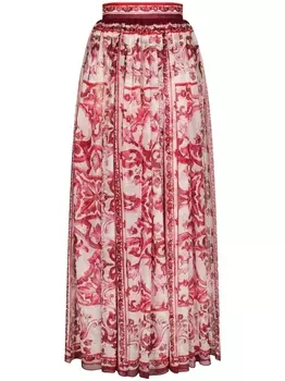 Dolce & Gabbana шелковая юбка макси с принтом Majolica, красный