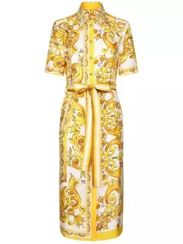 Dolce & Gabbana шелковое платье миди с принтом Majolica, желтый