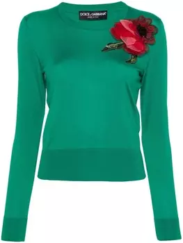 Dolce & Gabbana шелковый джемпер с цветочной аппликацией, зеленый