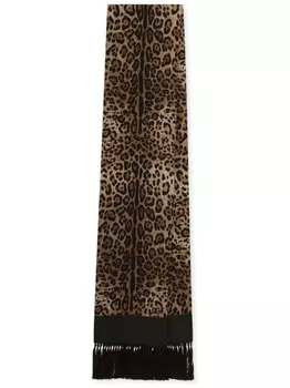Dolce & Gabbana шелковый платок с бахромой и леопардовым принтом, коричневый