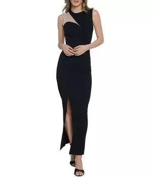 Donna Morgan Асимметричное сетчатое платье с вырезом и круглым вырезом без рукавов из крепа с аквалангом и разрезом спереди, черный