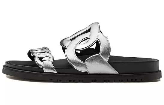 Дополнительные шлепанцы женские черные/серебристые Hermes