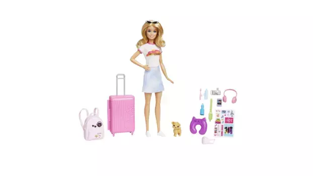 Дорожная кукла Barbie (блондинка), кукла-одевалка с собакой и праздничными аксессуарами