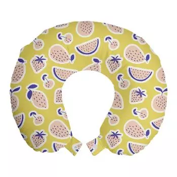 Дорожная подушка ABAKUHAUS Fruits, поддержка шеи, графика Fresh Summer Eats, пенопластовый дорожный предмет для самолета и автомобиля, 30x30 см, горчично-персиковый и сине-фиолетовый