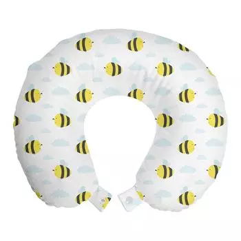 Дорожная подушка ABAKUHAUS Honey Bee, поддержка шеи, жалящие животные облака, дорожная вещь из пенопласта для самолета и автомобиля, 30x30 см, нежно-желтый голубой