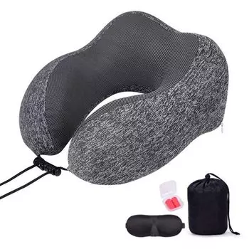Дорожная подушка из пены с эффектом памяти Мягкая U-образная подушка для поддержки шеи для кемпинга, путешествий, самолета, поезда, автомобиля, офиса (темно-серый) JeiibrZui