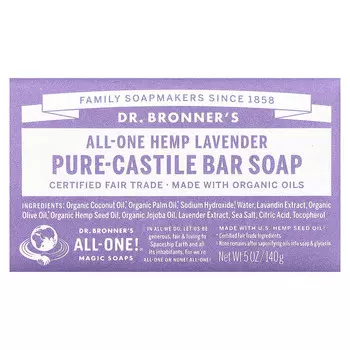Dr. Bronner's, Чистое кастильское мыло, конопля, лаванда, 140 г (5 унций)