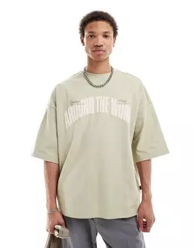 Dr Denim – Curtis – объемная футболка зеленого цвета с вышивкой «Вокруг света»