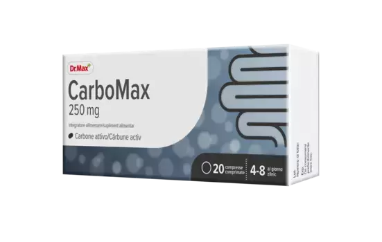Dr. Max CarboMax 250 мг 20 таблеток Растительная угольная добавка против вздутия живота и газов