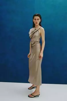 Драпированное атласное платье миди ZARA, цвет Caramel