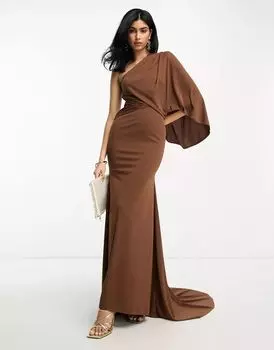 Драпированное платье макси ASOS из премиальной ткани шоколадно-коричневого цвета с узором на одно плечо и шлейфом