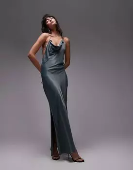 Драпированное платье-макси с бретелью через шею в цвете петролеум Topshop