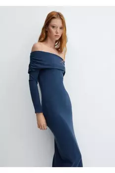 Драпированное платье с открытыми плечами Mango, синий