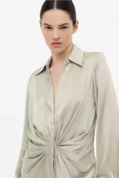 Драпированное шелковое платье-рубашка H&M, бежевый