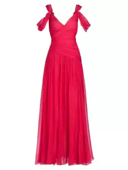 Драпированное шелковое шифоновое платье с открытыми плечами Oscar De La Renta, вишнёвый