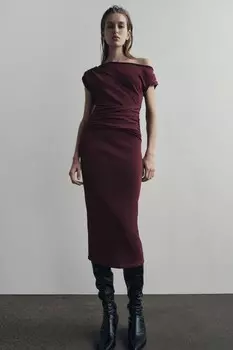 Драпированное трикотажное платье миди ZARA, бордовый