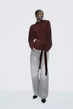 Драпированный топ с поясом ZARA, бордовый