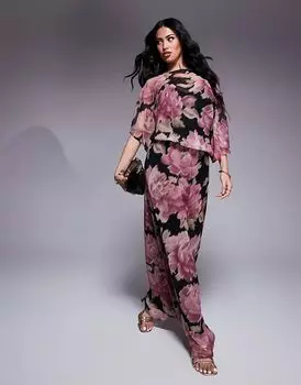 Драпировка вырез горловины асимметричный рукав макси платье в принт ASOS DESIGN