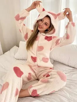 Dream Adore Цельное белье для сна с капюшоном, прикрепленным к ушам Мягкий меховой узор в виде сердечка С передней молнией Shein, кремовый/бежевый