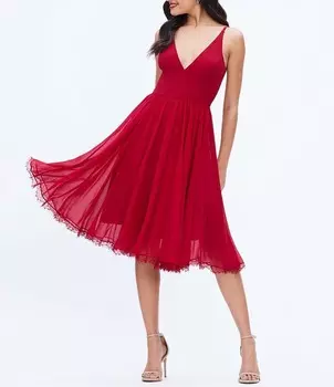Dress the Population Шифоновое платье миди без рукавов Alicia с v-образным вырезом и кружевным подолом, красный