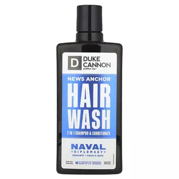 Duke Cannon Supply Co., News Anchor Hair Wash, шампунь и кондиционер 2 в 1, Naval Diplomacy, бергамот и водный мускус, 414 мл (14 жидк. Унций)
