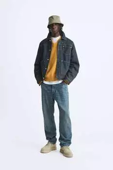 Дутая укороченная джинсовая куртка ZARA, синий