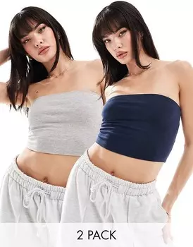 Две пары укороченных топов-бандо ASOS DESIGN верескового серого и темно-синего цветов