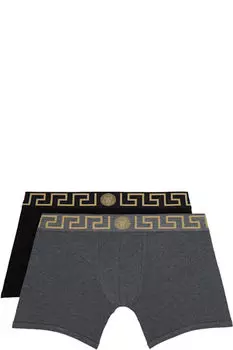 Двое пар длинных трусов-боксеров с черно-серой каймой Greca Versace Underwear