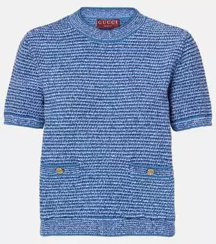 Двойной G вязаный топ из хлопковой смеси Gucci, Light Denim/White