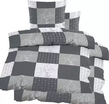 Двойной комплект постельного белья из сирсакера 2x (135х200+80х80см), серый в клетку, AHOI, без глажки, микрофибра KH-Haushaltshandel
